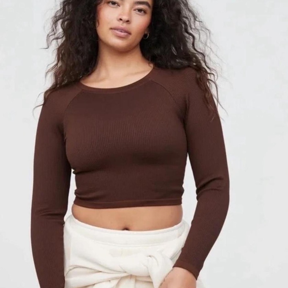 OFFLINE by Aerie Brown Seamless Ribbed Long Sleeve Cropped Top Workout Shirt Med